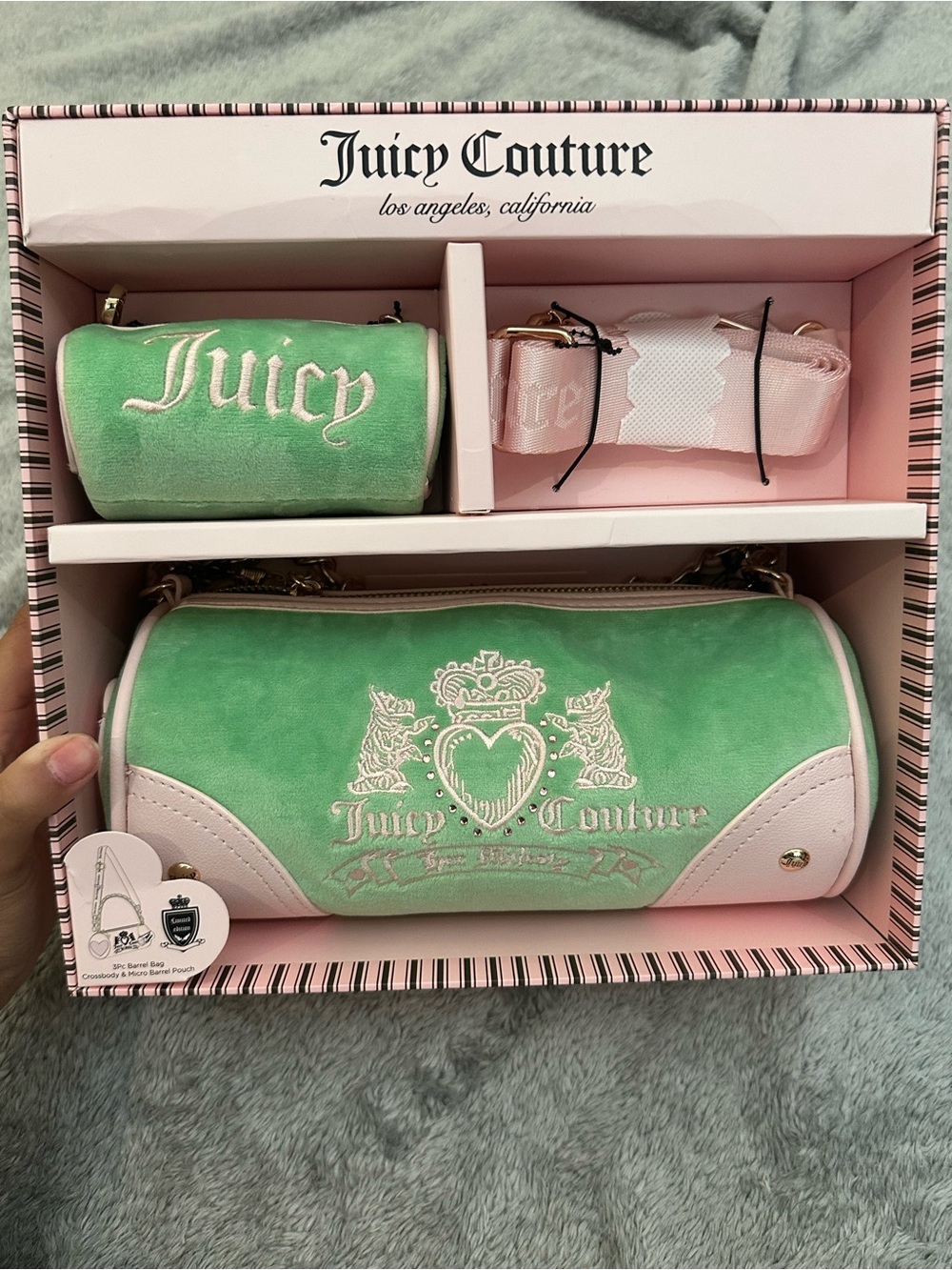 Juicy Couture Green Velvet Barrel Bag with Pink Trim